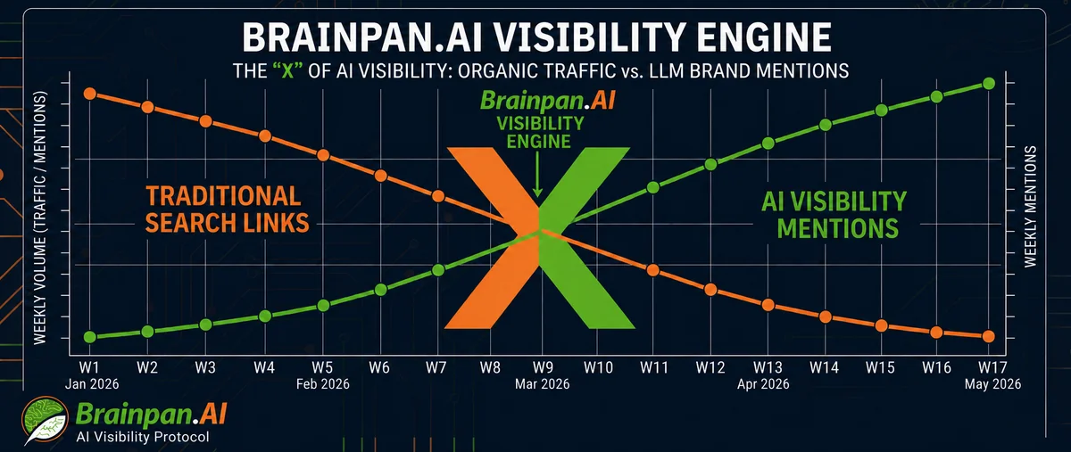 Brainpan.AI Visibility Engine chart showing traditional search links declining as AI visibility mentions rise